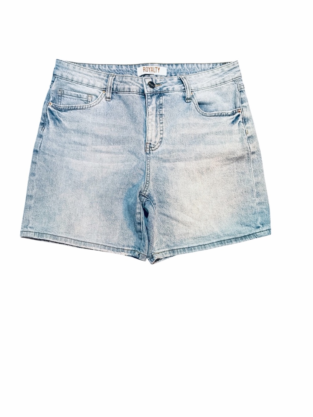Royalty For Me Light Wash Denim Shorts Woman’s Size 12 Stretch Distressed Pocket